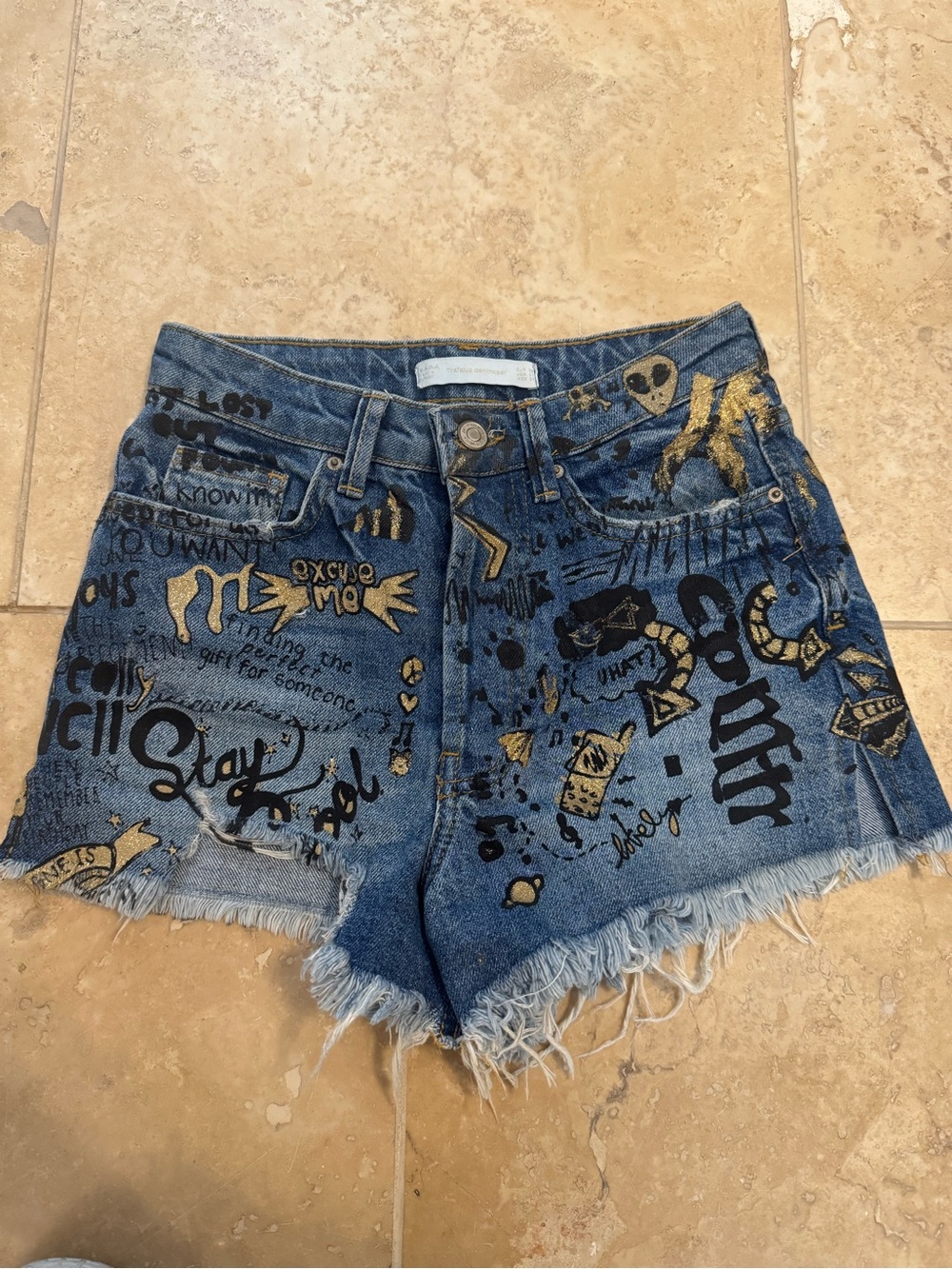 Zara Blue Denim Shorts with Black & Gold Graphic Details